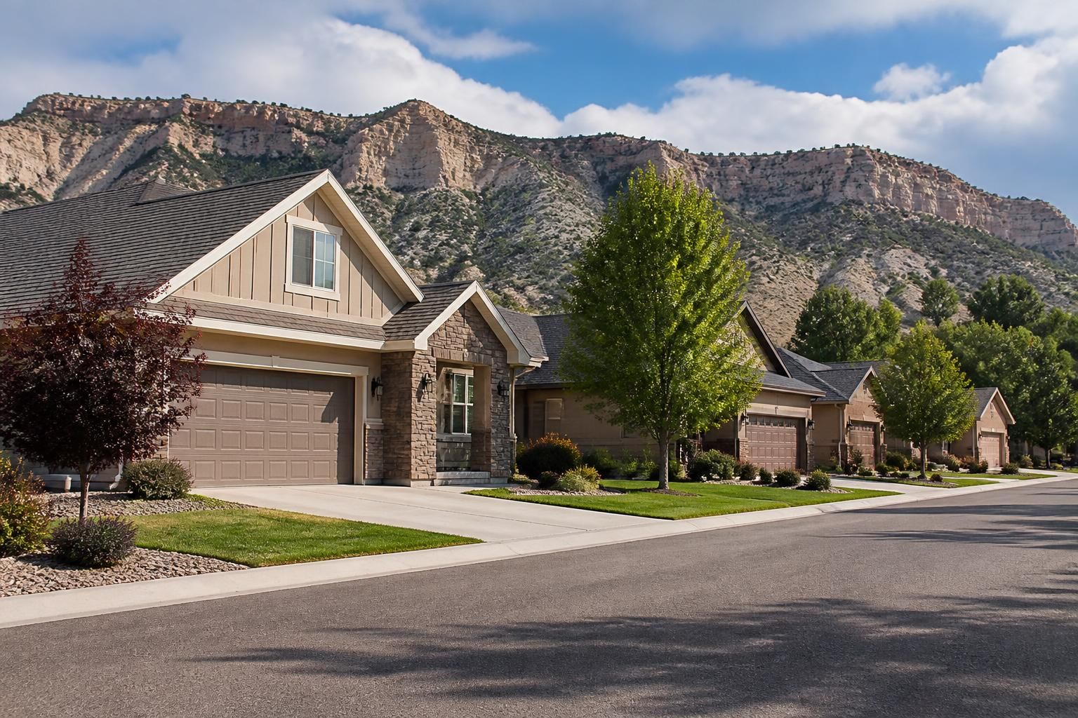 Well-kept residential street with visible garage doors in Aztec