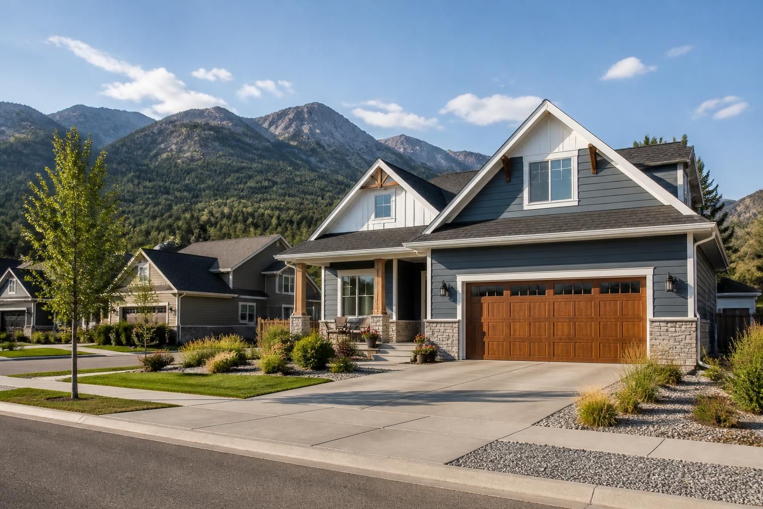 Clean suburban homes with visible garage doors in Bayfield