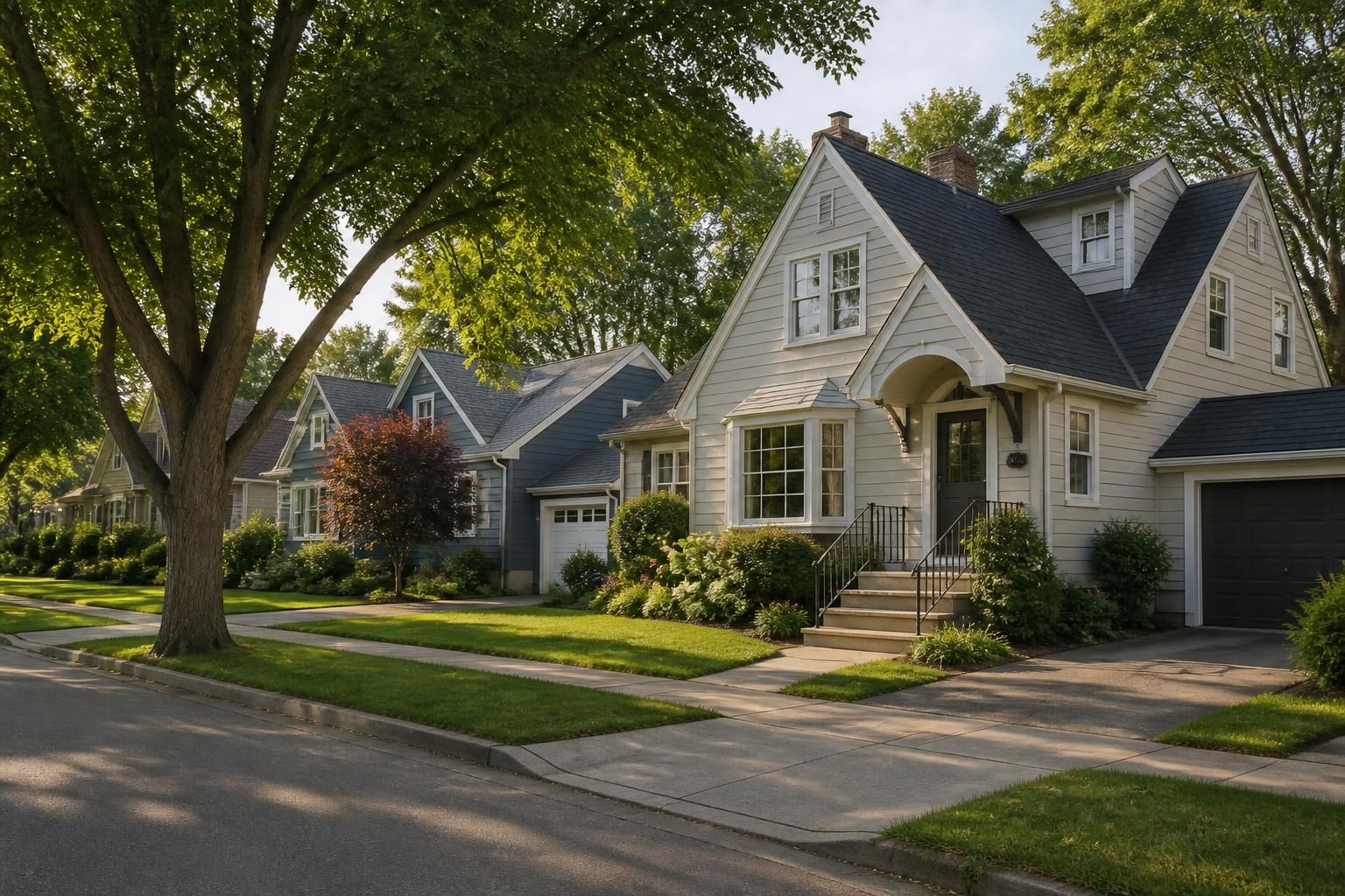 Tidy neighborhood homes with garages and trees in Bloomfield
