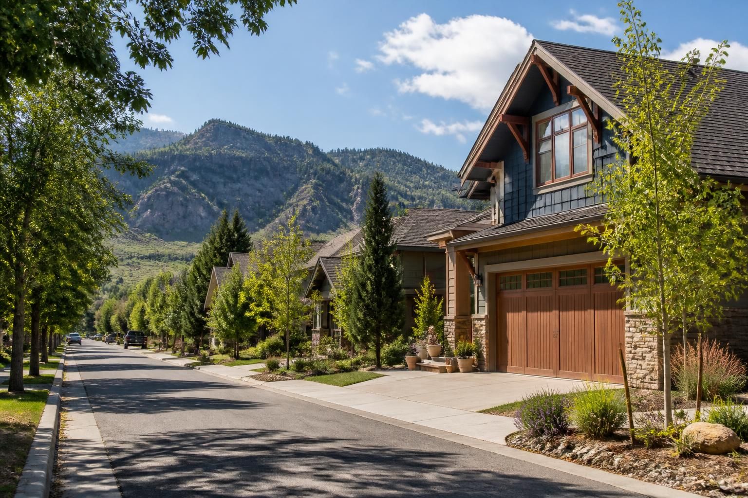 Tree-lined Durango neighborhood with well-kept homes and garage doors