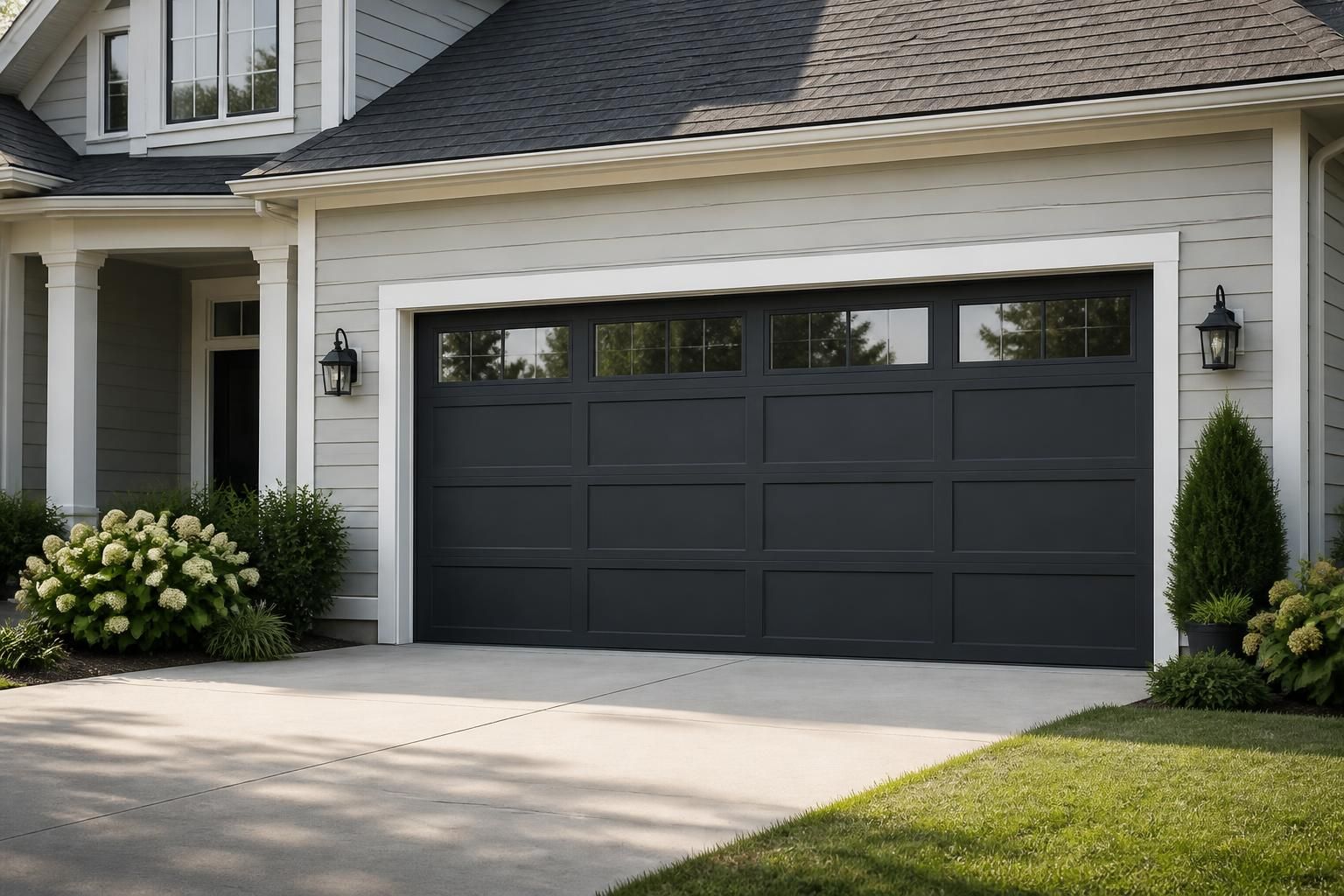 Suburban home exterior with a polished garage door in natural light
