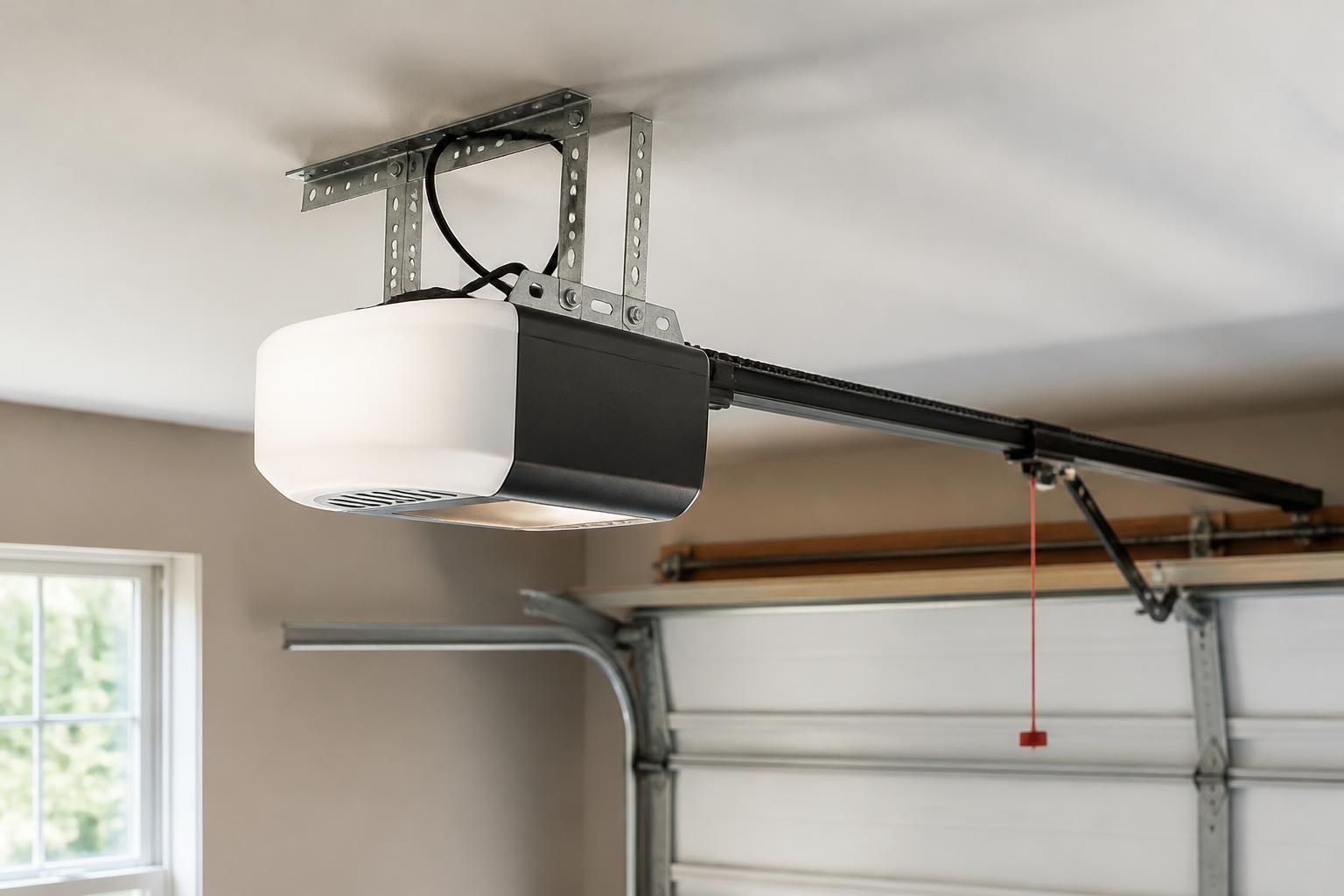 Mounted garage door opener inside a clean finished garage