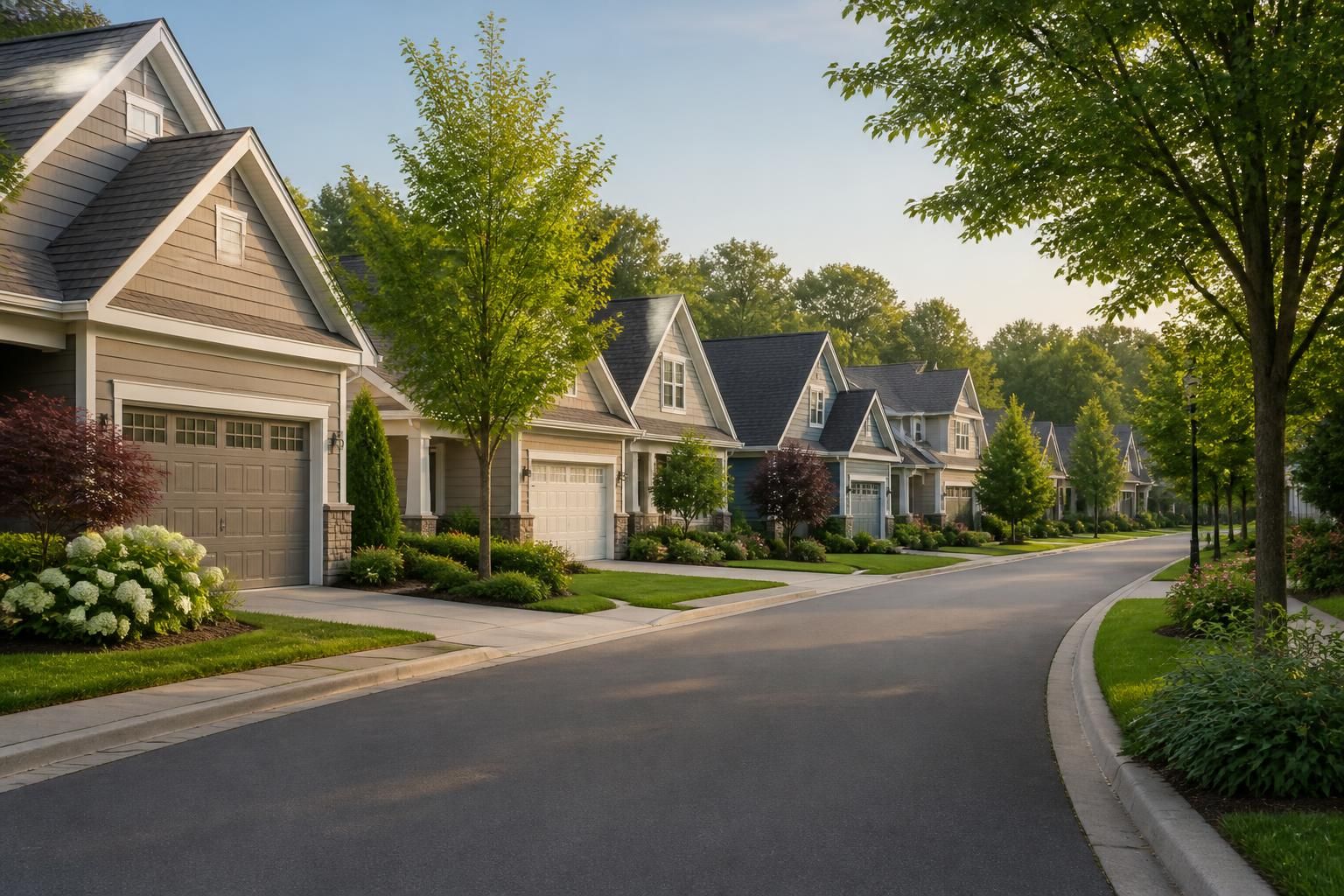 Calm residential street with tidy homes and attached garages